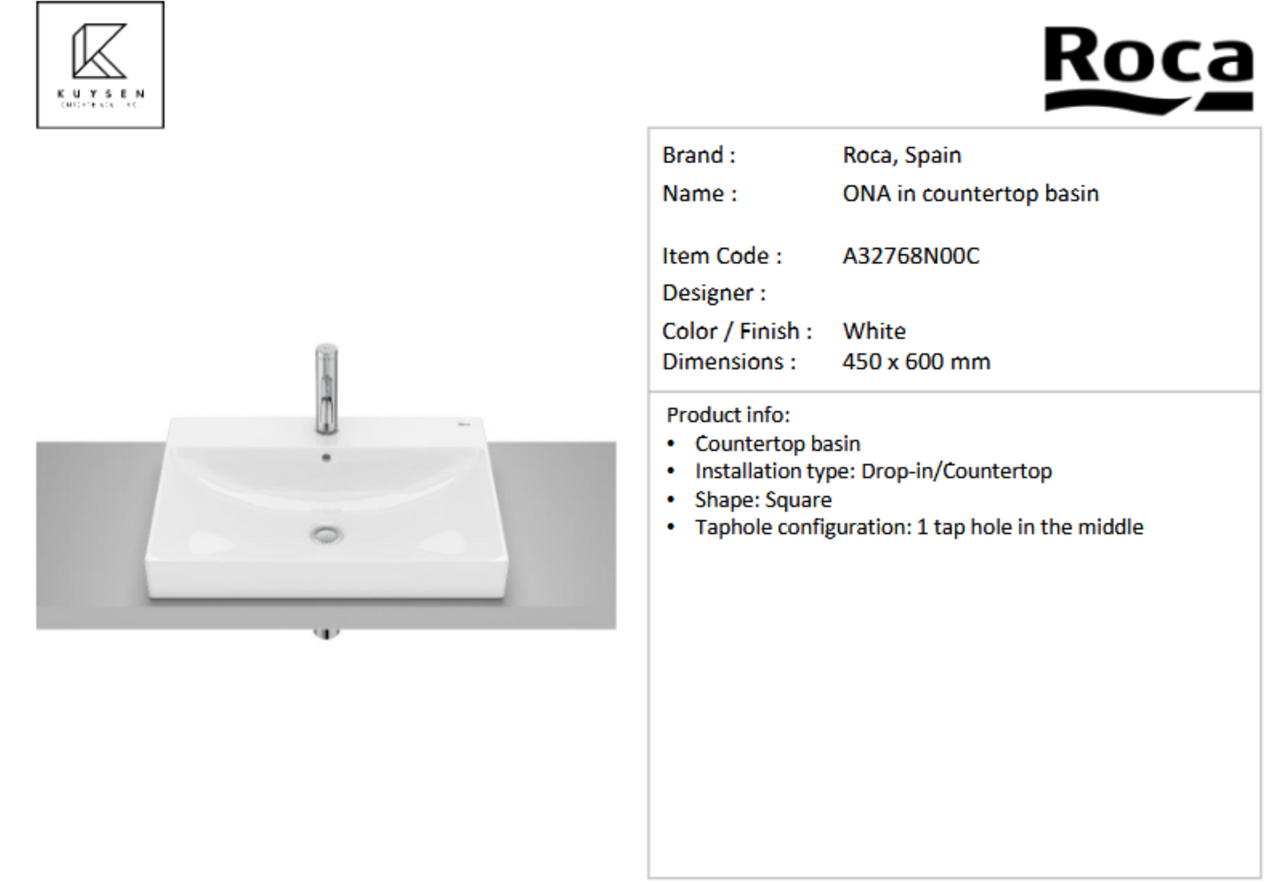 Roca Ona countertop basin 1 tap hole 600mm A32768N00C