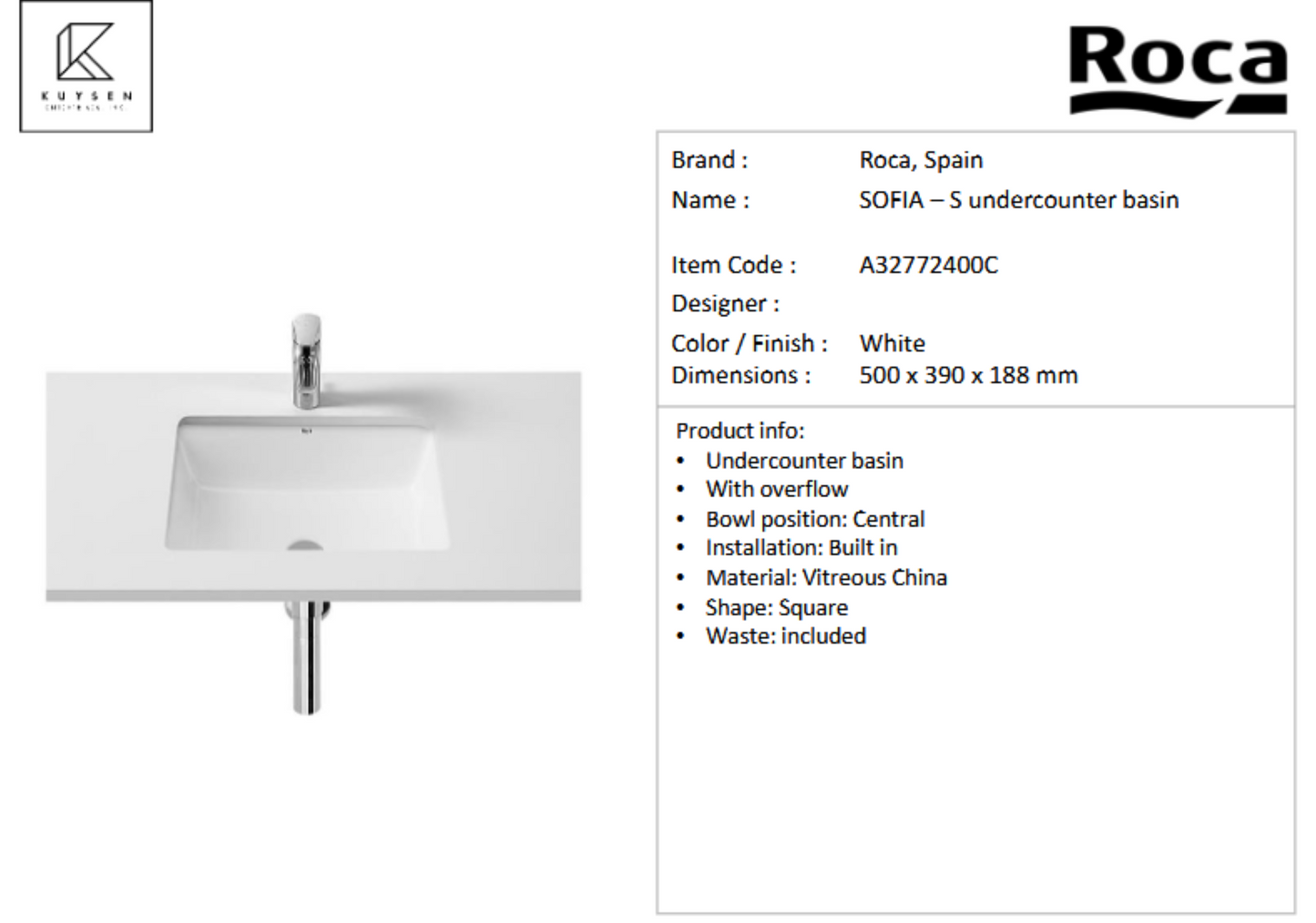 Roca SofiaS undercounter basin 500x390mm A32772400C