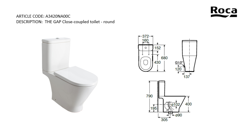 Roca GAP Rimless® 2-piece toilet A3420NA00C
