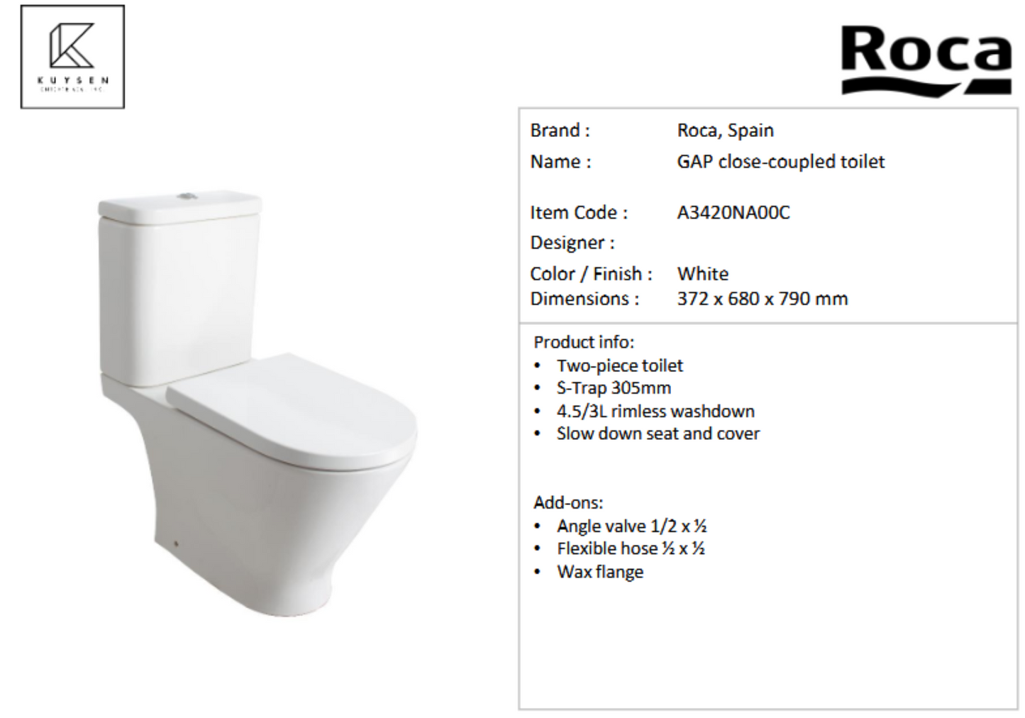 Roca GAP Rimless® 2-piece toilet A3420NA00C