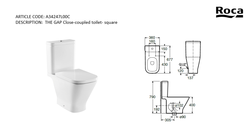 Roca Gap 2pc rimless 3/435L s-trap A34247L00C