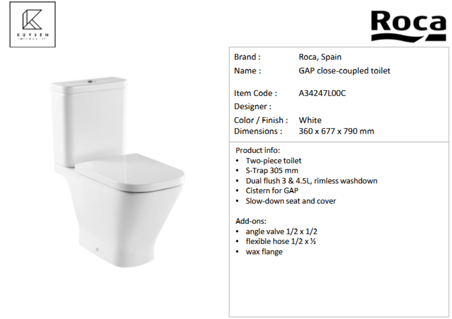 Roca Gap 2pc rimless 3/435L s-trap A34247L00C
