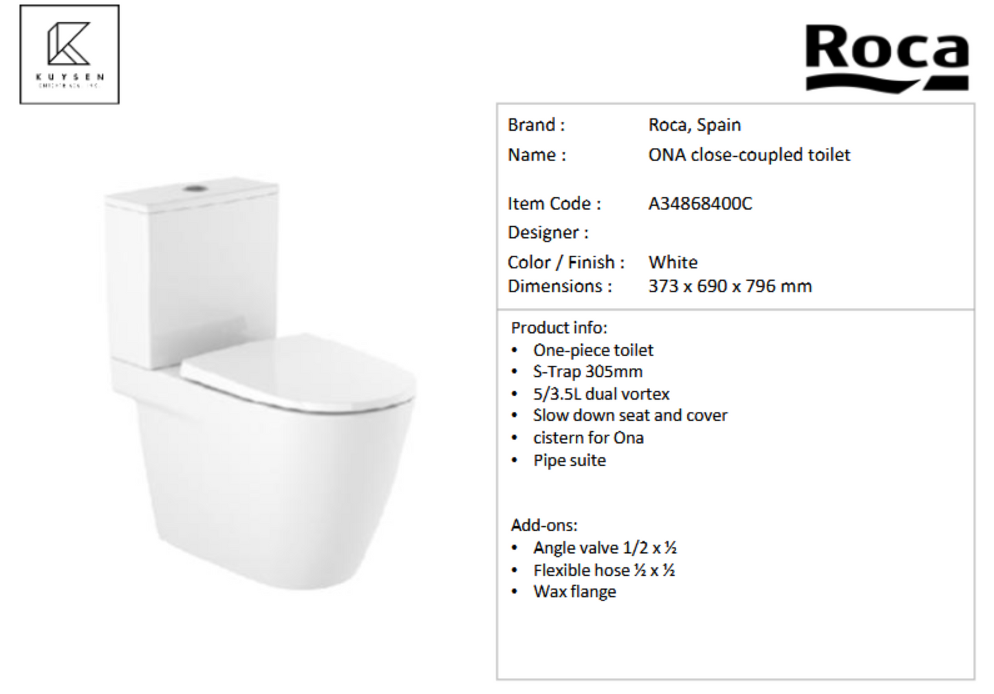 Roca Ona 2pc rimless vortex 3.5/5L A34868400C