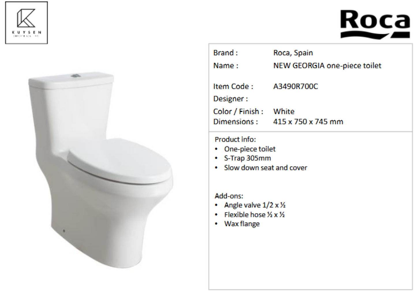 Roca New Georgia 1pc toilet s-trap 305mm A3490R700C