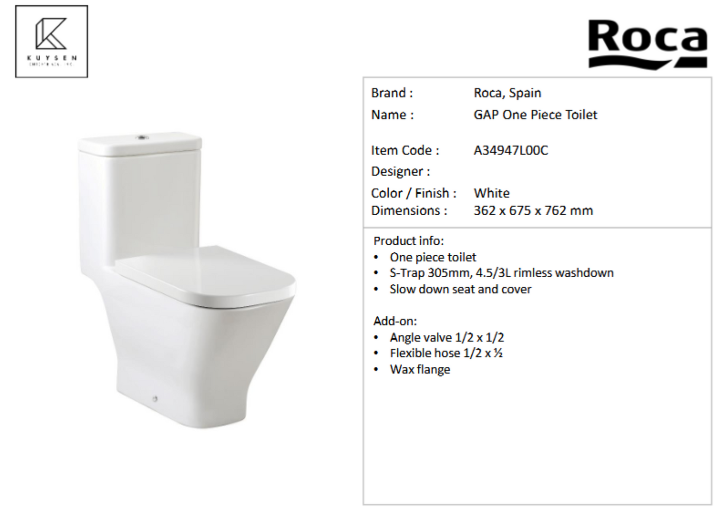 Roca Gap 1pc rimless s-trap 305mm A34947L00C