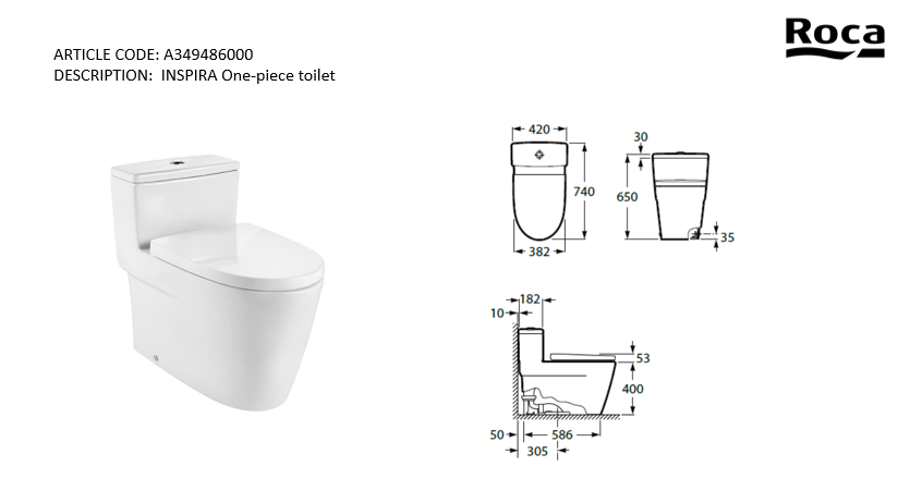 Roca Inspira 1pc toilet 4.8L s-trap305mm A349486000