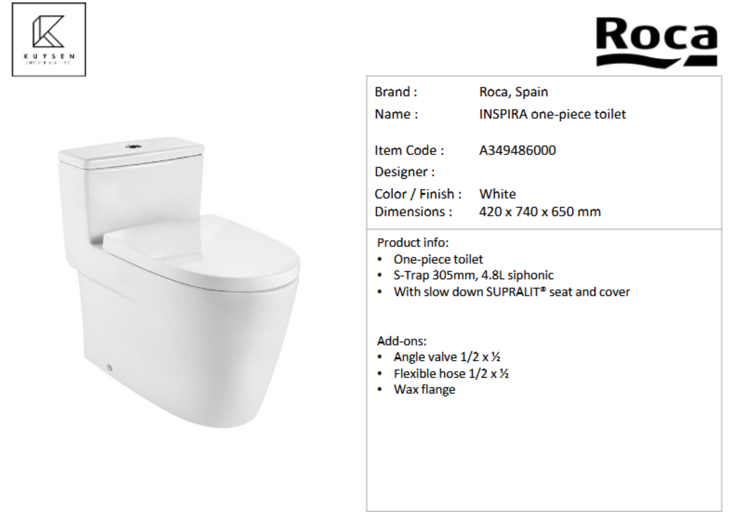 Roca Inspira 1pc toilet 4.8L s-trap305mm A349486000