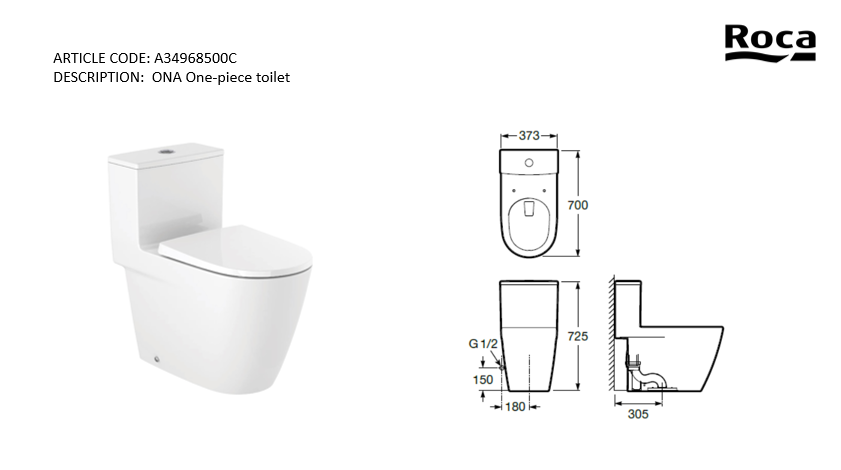 Roca Ona 1pc toilet rimless ® Vortex A34968500C