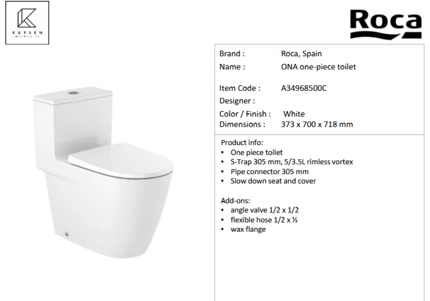 Roca Ona 1pc toilet rimless ® Vortex A34968500C