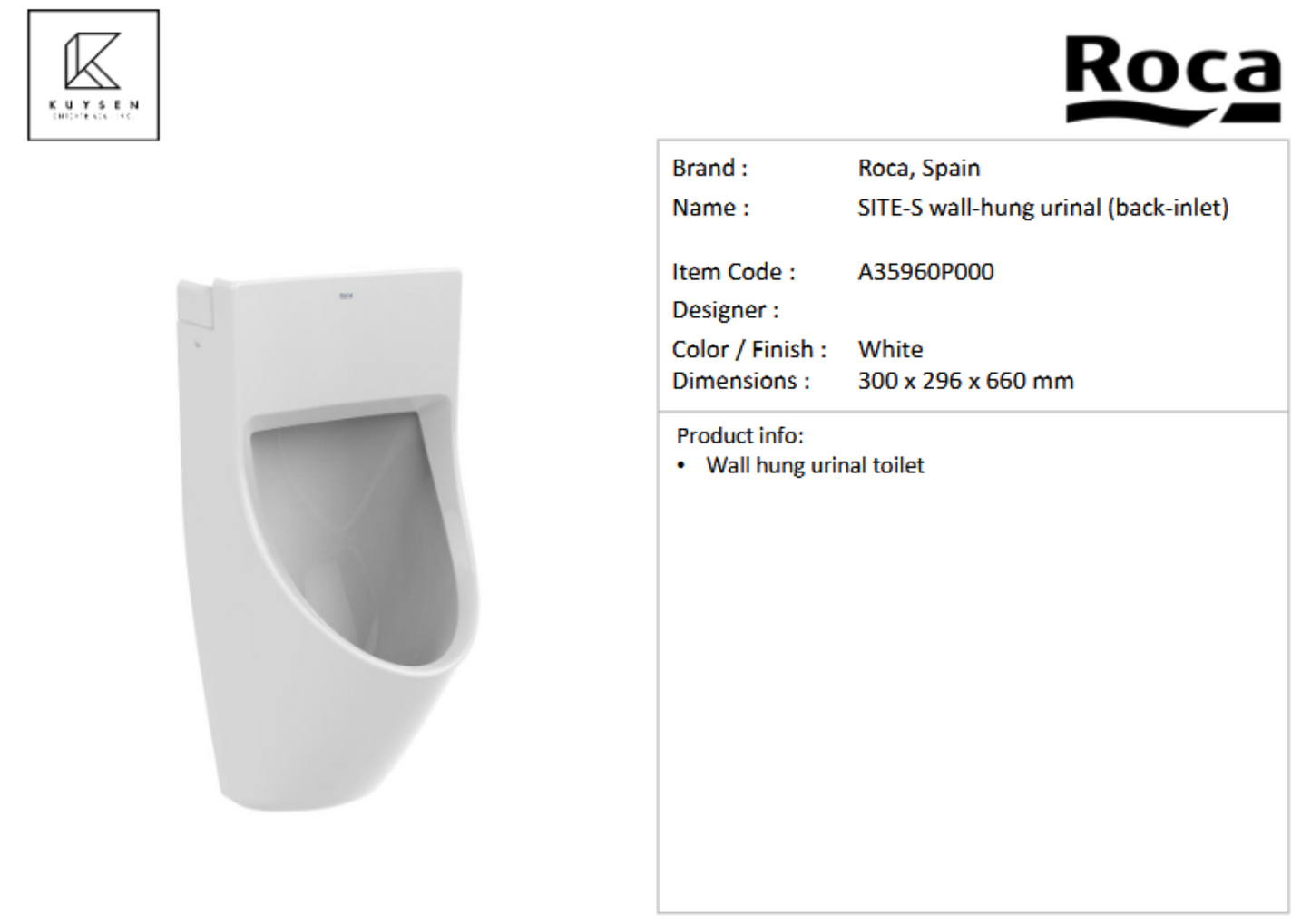 Roca SITE-S wall-hung urinal A35960P000