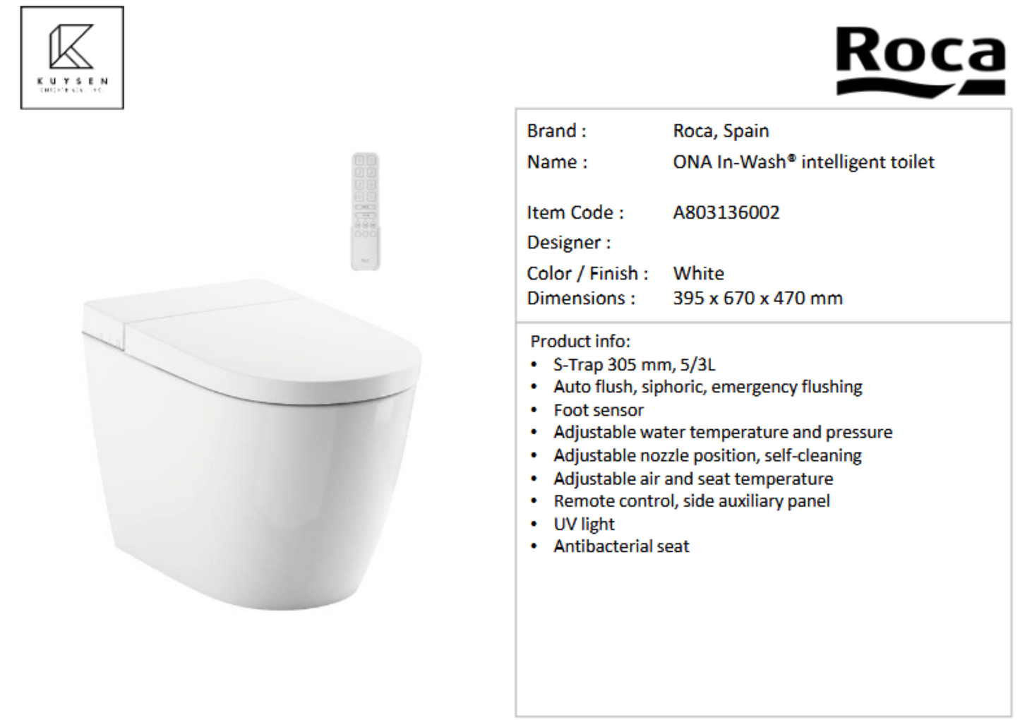 Roca Ona In-wash intelligent toilet A803136002