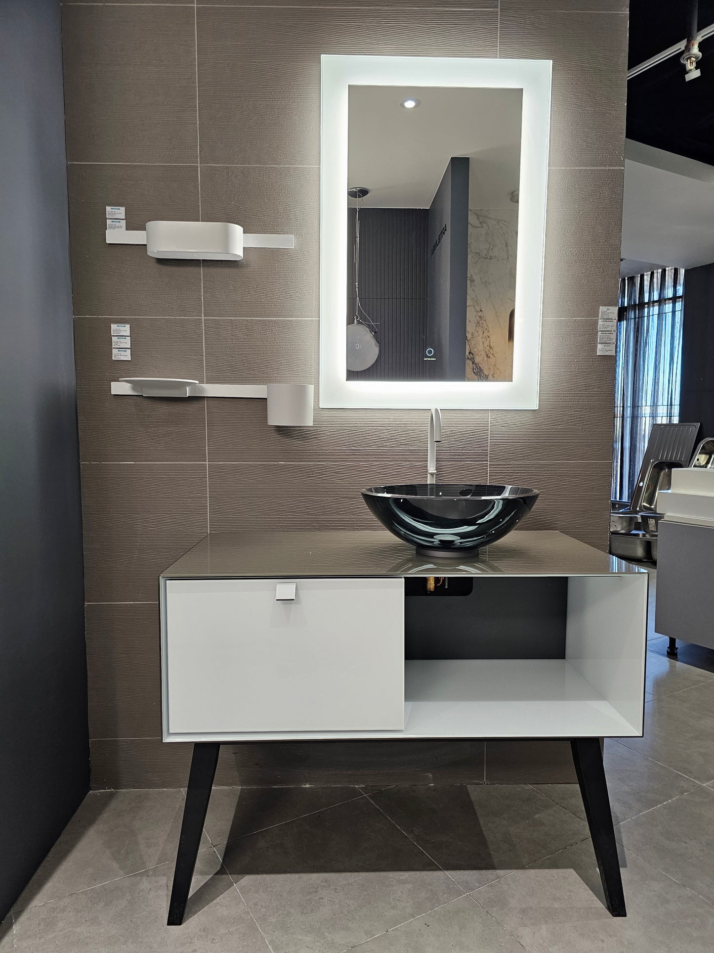 Artelinea DAMA basin unit + DAMA deep drawer + glass washbasin Milano Fume + LUMINEE mirror with LED
