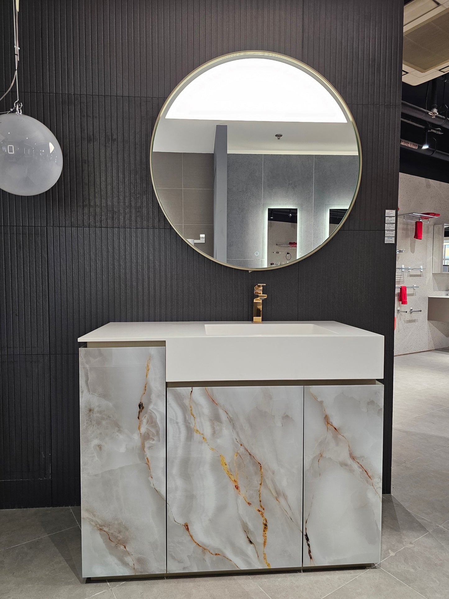 Artelinea FUSION floor basin unit with left-hinged doors + RIFLESSI mirror with LED