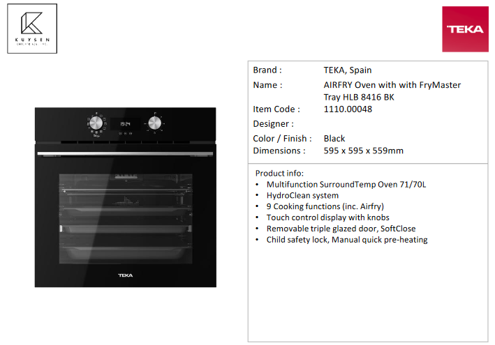 Teka HLB 8416 BK AIRFRY Oven with with FryMaster Tray 1110.00048