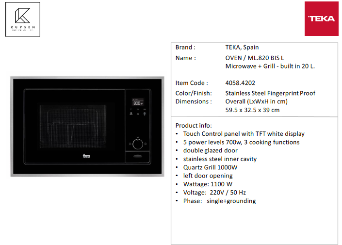 TEKA ML.820 BIS Microwave + Grill - built in 20 L. 4058.4202