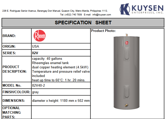 Rheem Storage Water Heater 82V40-2