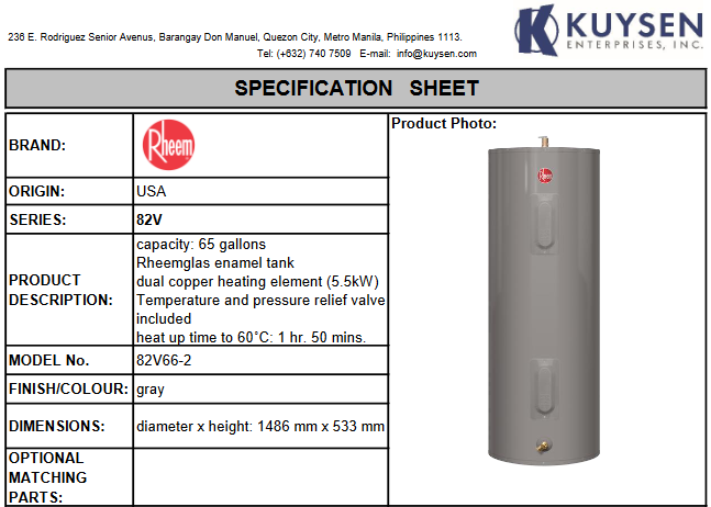 Rheem Storage Water Heater 82V66-2