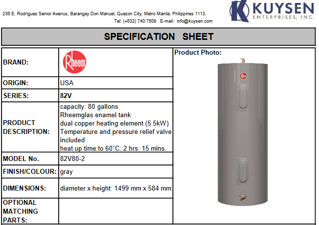 Rheem Storage Water Heater 82V80-2