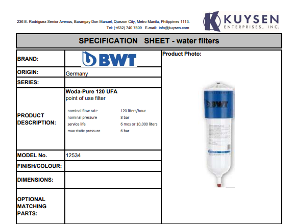 BWT Point-of-Use WodaPure 120 UFA Filtration System