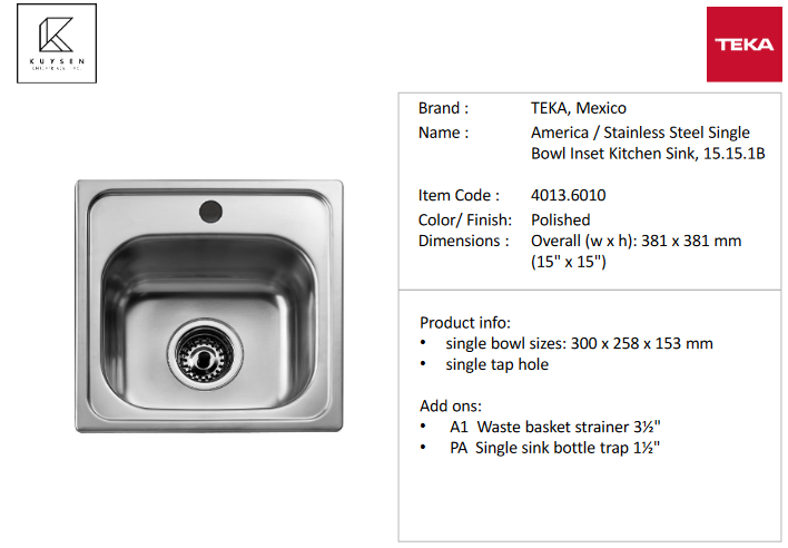 TEKA America 15.15.1B.1H Inlay Sink 4013.6010