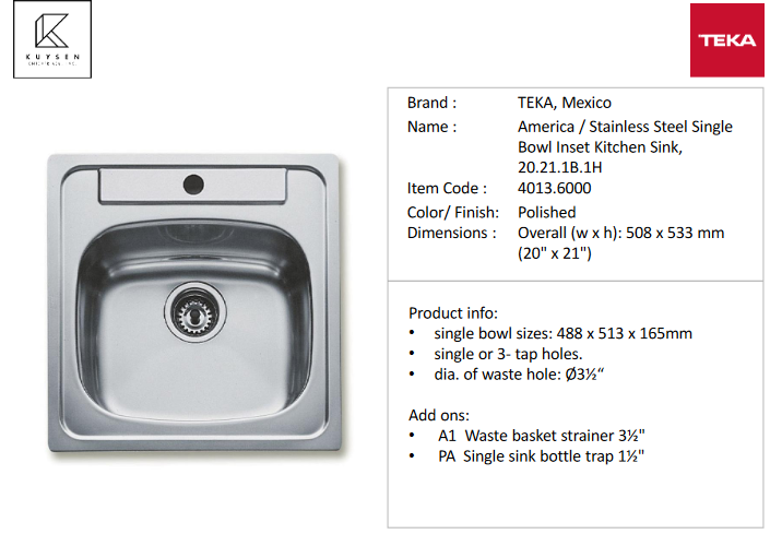 TEKA America 20.21.1B.1H Inlay Sink 4013.6000