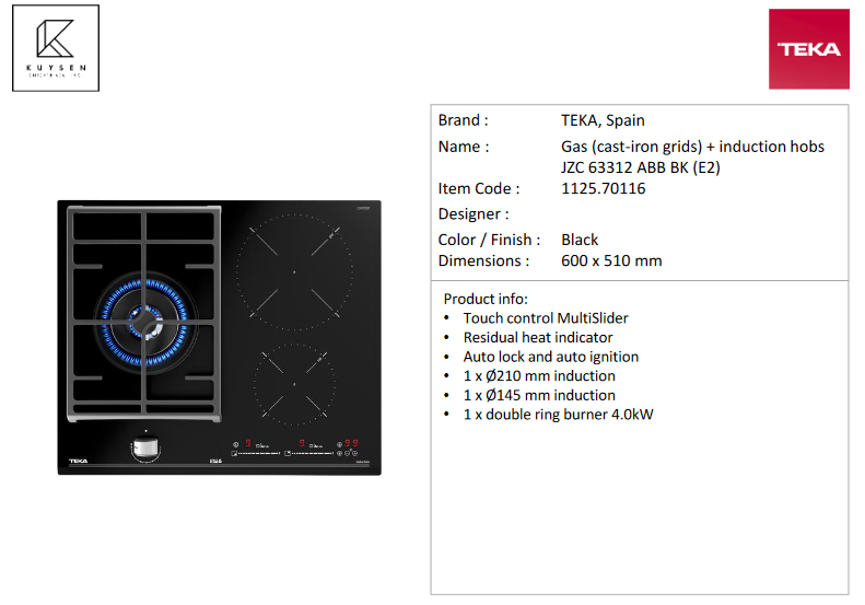 Teka JZC 63312 ABB BK (E2) gas + induction 1125.70116
