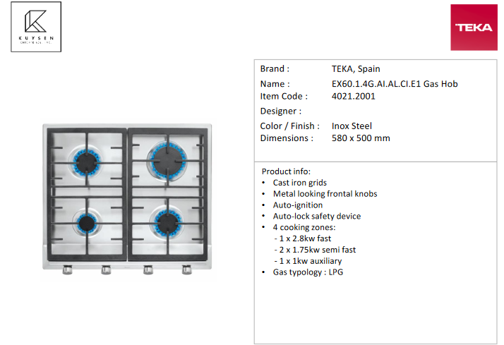 TEKA EX60.1.4G.AI.AL.CI.E1 Hobs Gas Hob 4021.2001
