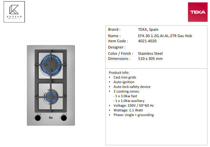 TEKA EFX.30.1.2G.AI.AL.2TR Gas Hob 4021.4020