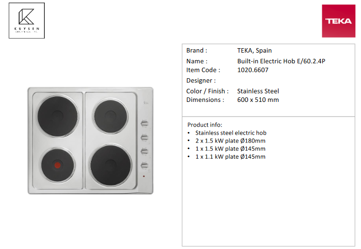 TEKA Electric Hob E/60.2.4P 1020.6607.