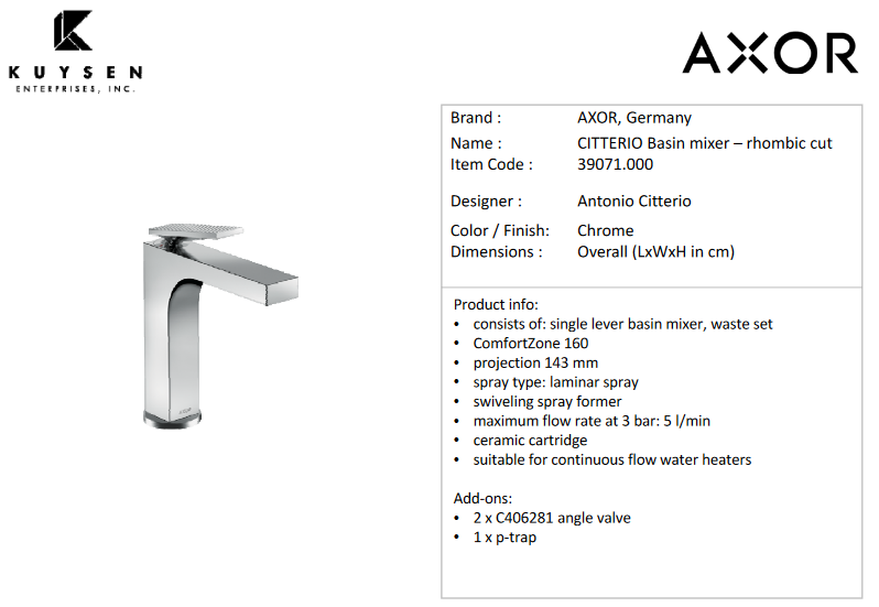 Axor Citterio basin mixer small 160 rhombic Chrome 39071.000