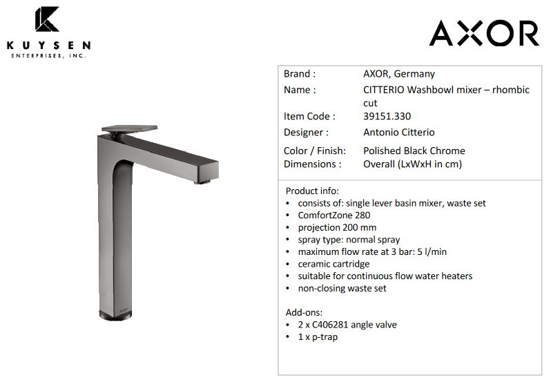 Axor Citterio basin mixer 280 high rhombic Polished black chrome 39151.330