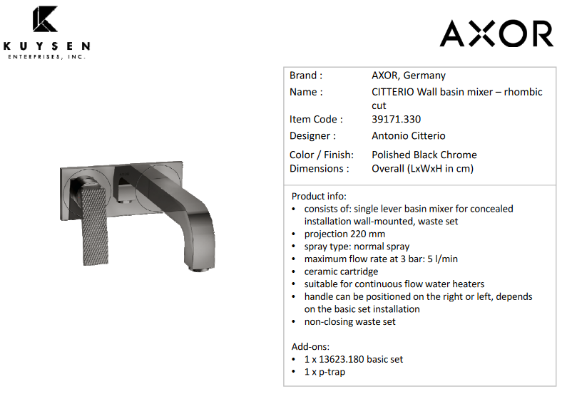 Axor Citterio wall basin mixer rhombic Polished black Chrome 39171.330