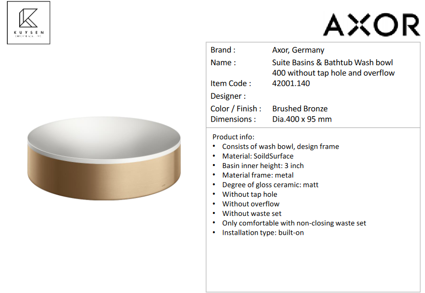 Axor Suite washbasin Ø400 without tap hole and overflow Brushed Bronze 42001.140