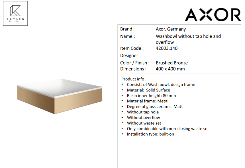 Axor wash bowl 400x400 tap hole and overflow Brushed Bronze 42003.140