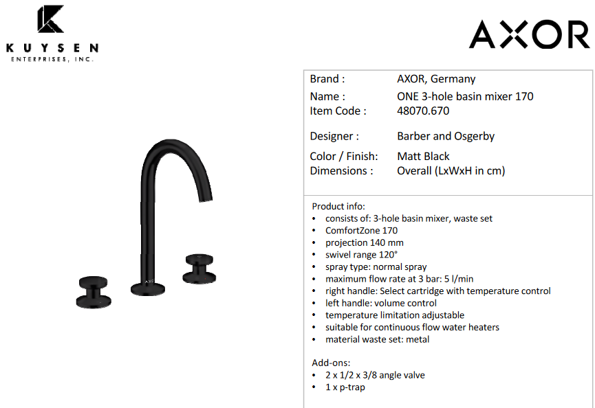 Axor One Select 3hole basin mixer 170 Matt Black 48070.670