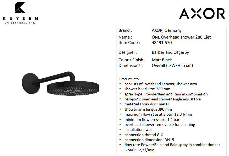 Axor One o/h shower 280 1jet ceiling blk 48491.670