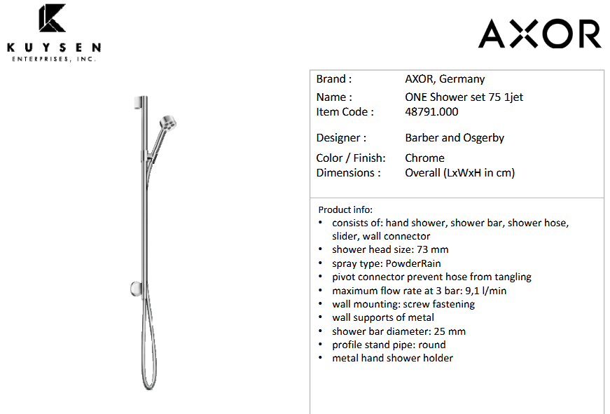 AXOR One shower set 75 1jet +wall connect Chrome 48791.000