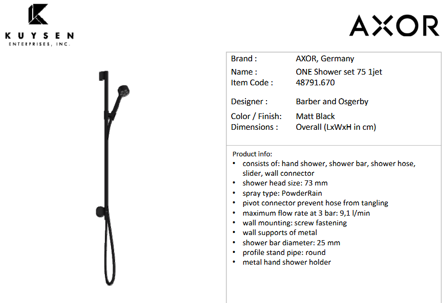 AXOR One shower set 75 1jet +wall connect Matt Black 48791.670