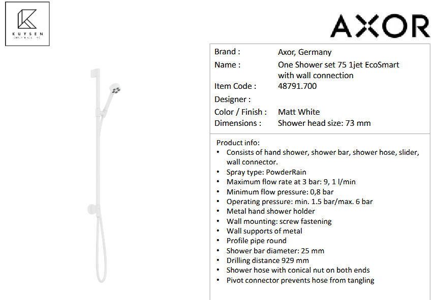 AXOR One shower set 75 1jet +wall connect Matt White 48791.700