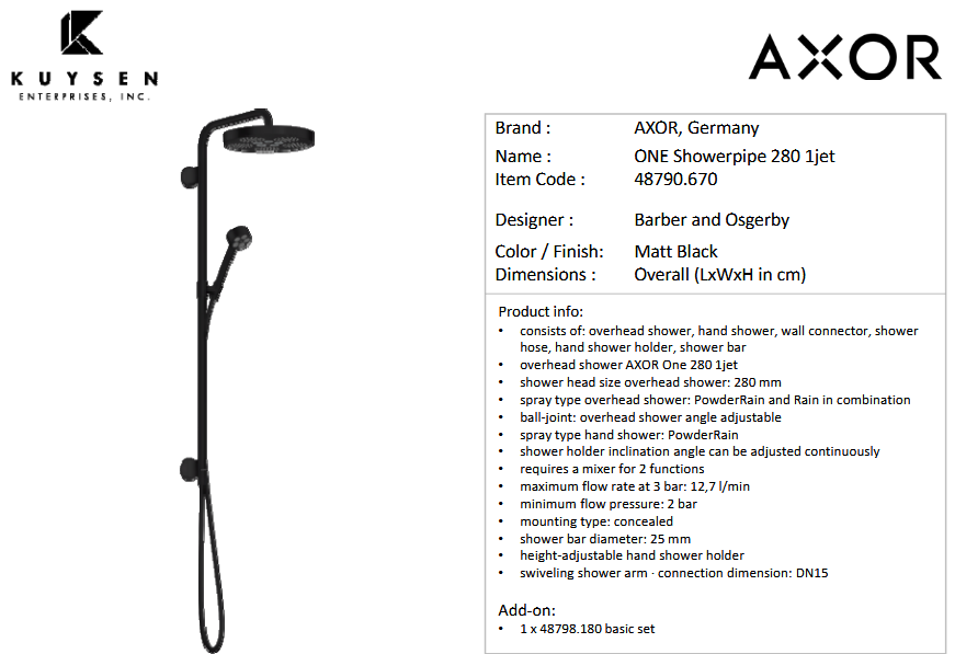 AXOR ONE showepipe 280 1jet concealed black 48790.670