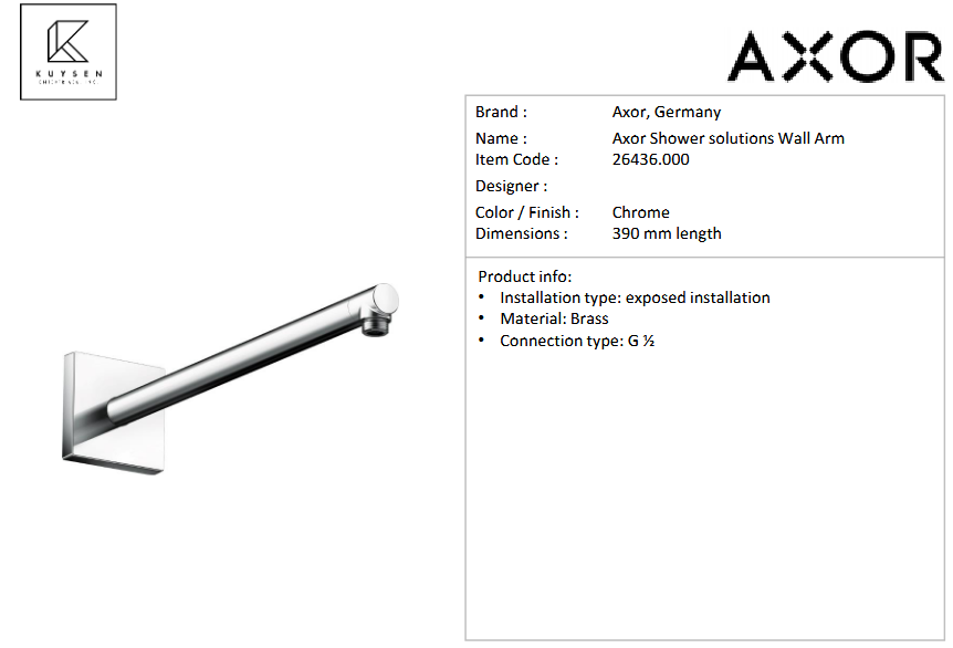 AXOR shower arm DN15 390mm square Chrome 26436.000
