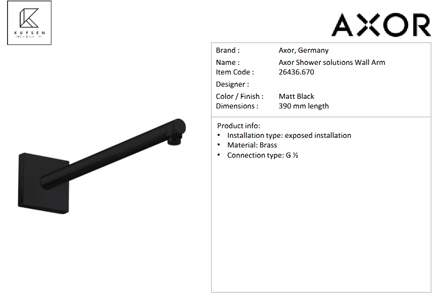 AXOR shower arm DN15 390mm square black 26436.670