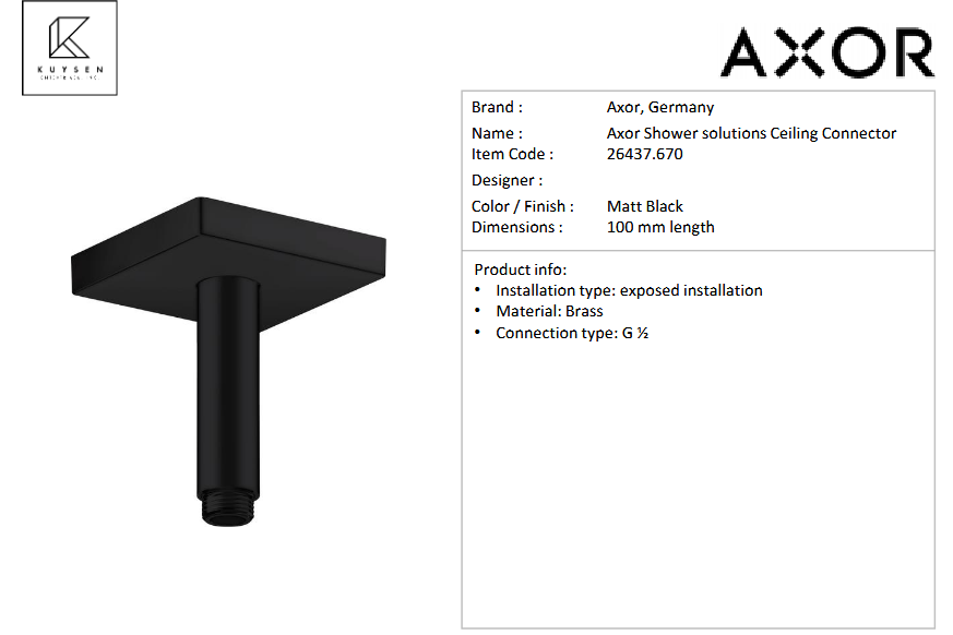 AXOR ceiling connector DN15 100mm square Matt Black 26437.670
