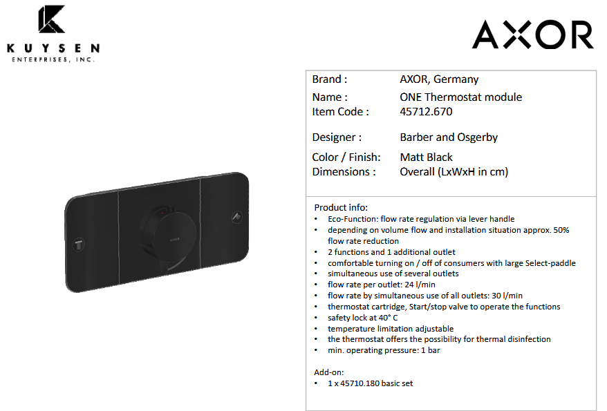 AXOR ONE thermostatic module 2 outlets Matt Black 45712.670