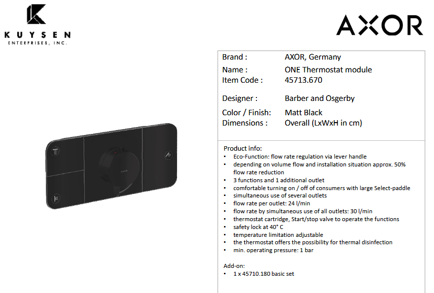 AXOR ONE thermostatic module 3 outets black 45713.670