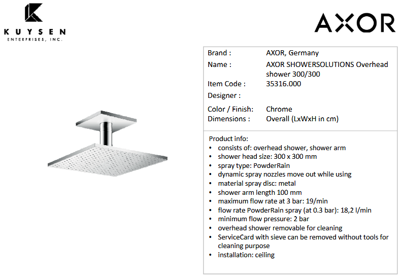 AXOR overhead shower 1jet 300/300 Chrome 35316.000