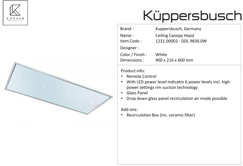 Kuppersbusch DDL9830.0W ceiling canopy hood wht 1231.00002
