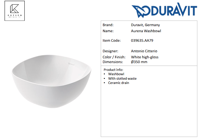 Duravit AURENA Washbowl Ø350 mm 039635.AA79