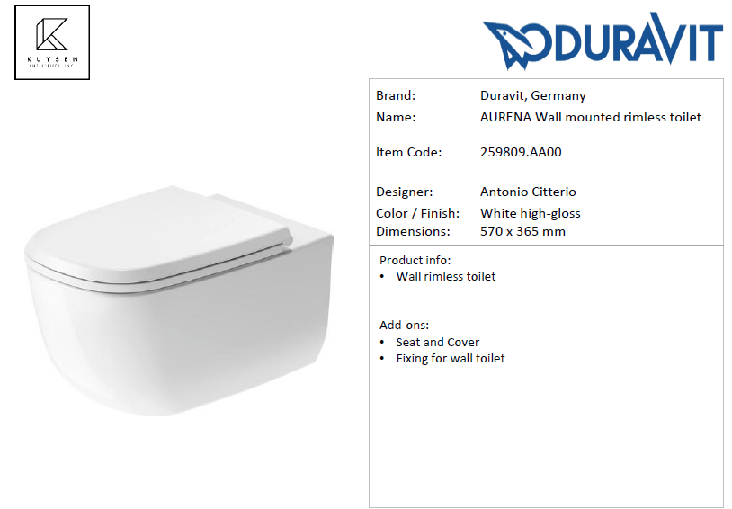 Duravit AURENA Wall mounted rimless toilet White high-gloss 259809.AA00