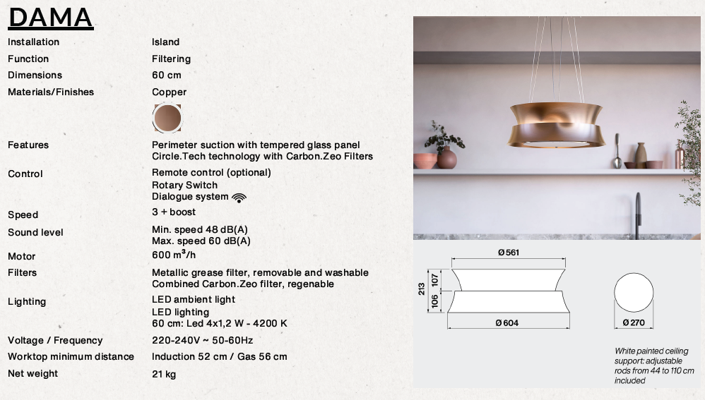 Falmec Dama island hood 60cm copper 600 m3/h